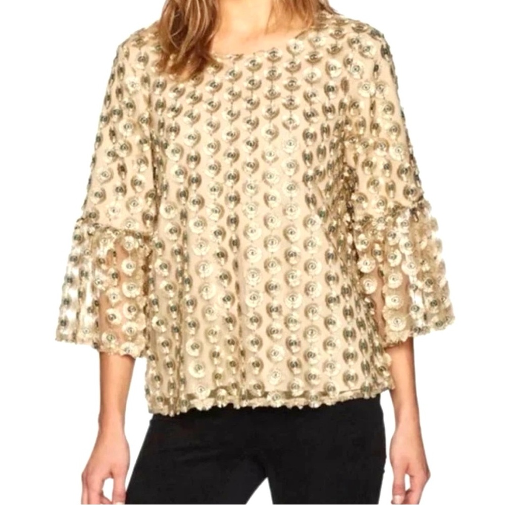 Calvin Klein Boho Gold Shimmer Top Bell Sleeve Sheer Lined Blouse Women's Sz M‎